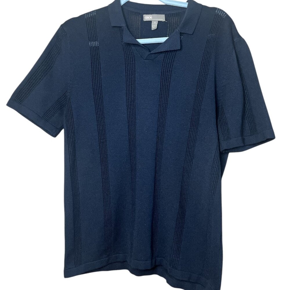 Asos Brave Soul Textured Knit Trophy Neck Short Sleeve Polo Navy Size MD used